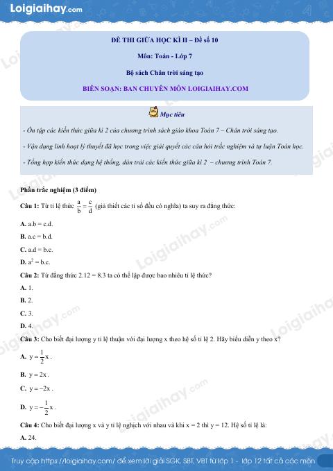 Đề thi giữa kì 2 Toán 7 Chân trời sáng tạo - Đề số 10